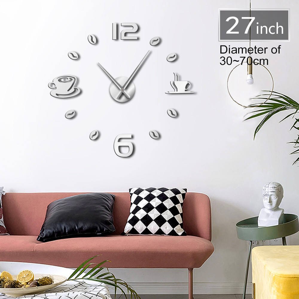 1Piece DIY Coffee Large Numer Wall Clock Modern Coffee Bean Giant Wall Clock 3D Mirror Sticker DIY Huge Wall Watch