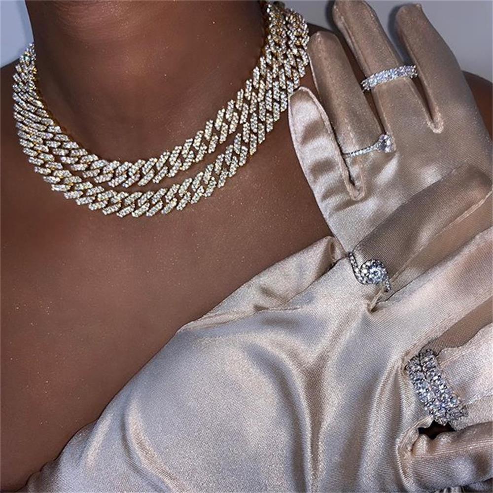 GLAMing Hip Hop Bling Iced Out Necklace Cuban Chain Men Gold Statement Crystal Rhinestone Choker Necklace Women's Jewelry