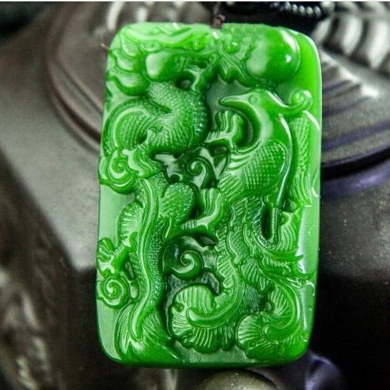 Natural Green Hand Carved Longfeng Jade Pendant Jewelry Men&#39;s and Women&#39;s Longfeng Chengxiang Necklace