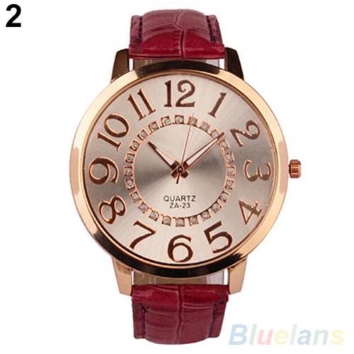 7 farver mænd kvinder store arabiske tal rhinestone indlagt kunstlæder rundt kvarts analogt armbåndsur ægte ingen vandtæt ！！: Rosenrød