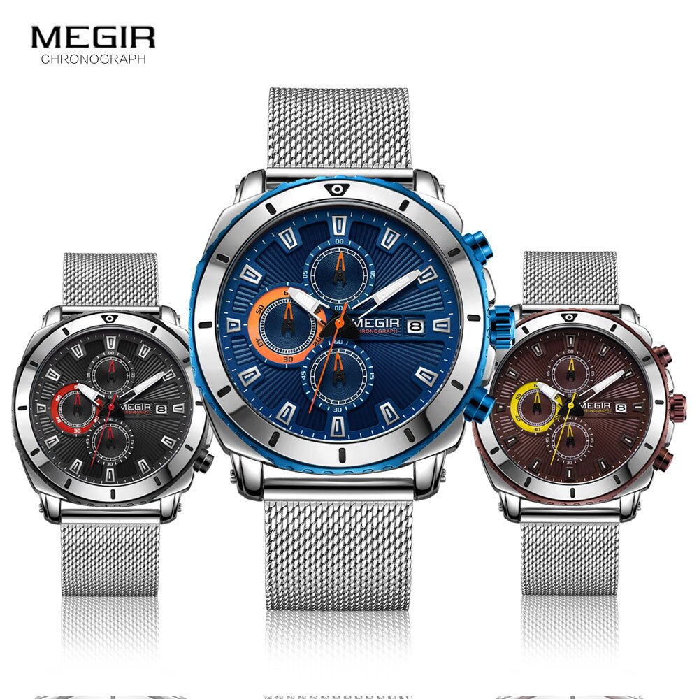 Megir Horloges Mannen Luxe Mesh Band Bedrijf Quartz Horloge Voor Man Top Waterdichte Leger Sport Pols Horloges Blauw gezicht