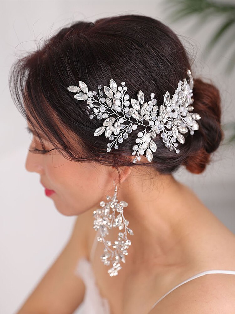 Peinados de boda, tocado de plata, joyas de diamantes de imitación para la cabeza, diadema de cristal y pendientes, conjunto de accesorios para el cabello nupcial: Plata