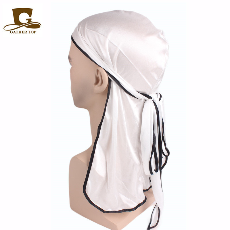 Unisex hombres mujeres satén transpirable Bandana sombrero sedoso Durag doo du trapo diadema de cola larga: Blanco