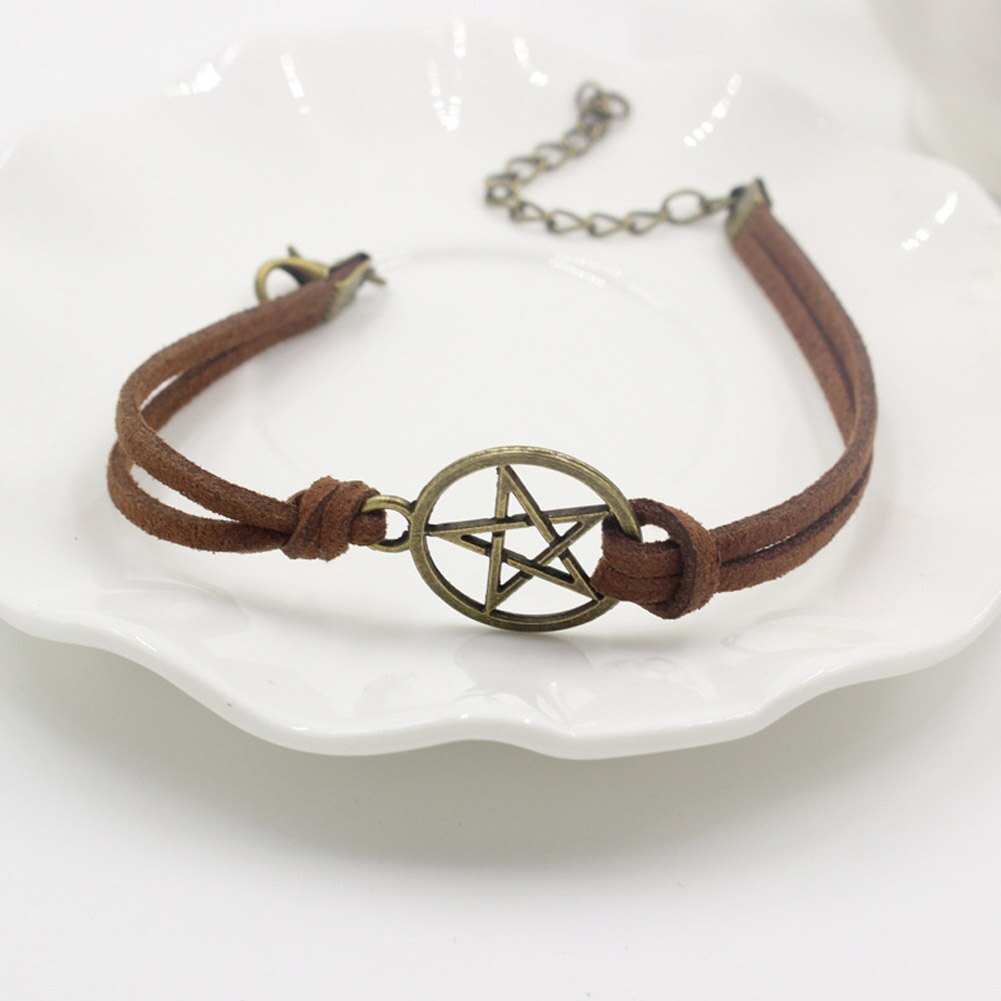 Style! Latest Popular Pentagram Leather Bracelet For Men Charm Vintage Brown Bracelet