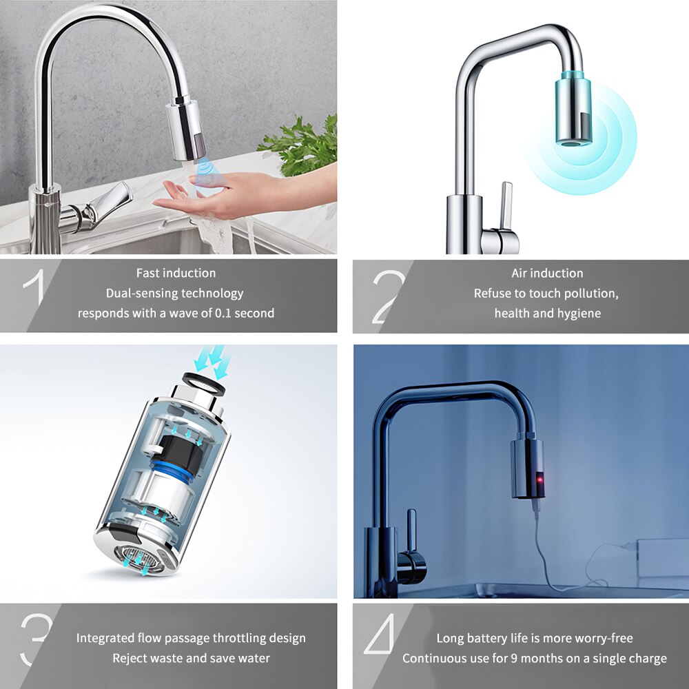 Intelligent Touchless Faucet Motion Dual Sensor Infrared Sensor Water Saving Faucet USB Rechargeable Kitchen Bathroom Washroom