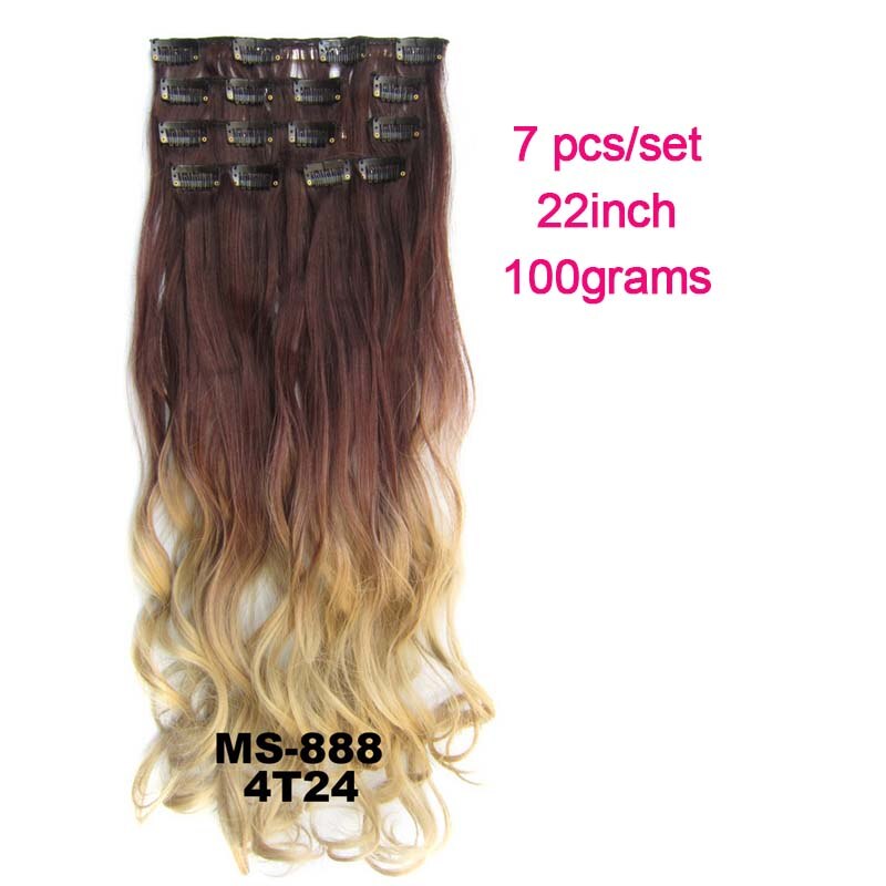 Extensiones de pelo sintético ondulado 7 unids/set, Clip de 22 pulgadas, 100g, Color negro, marrón, degradado postizo, resistente al calor: 4T24