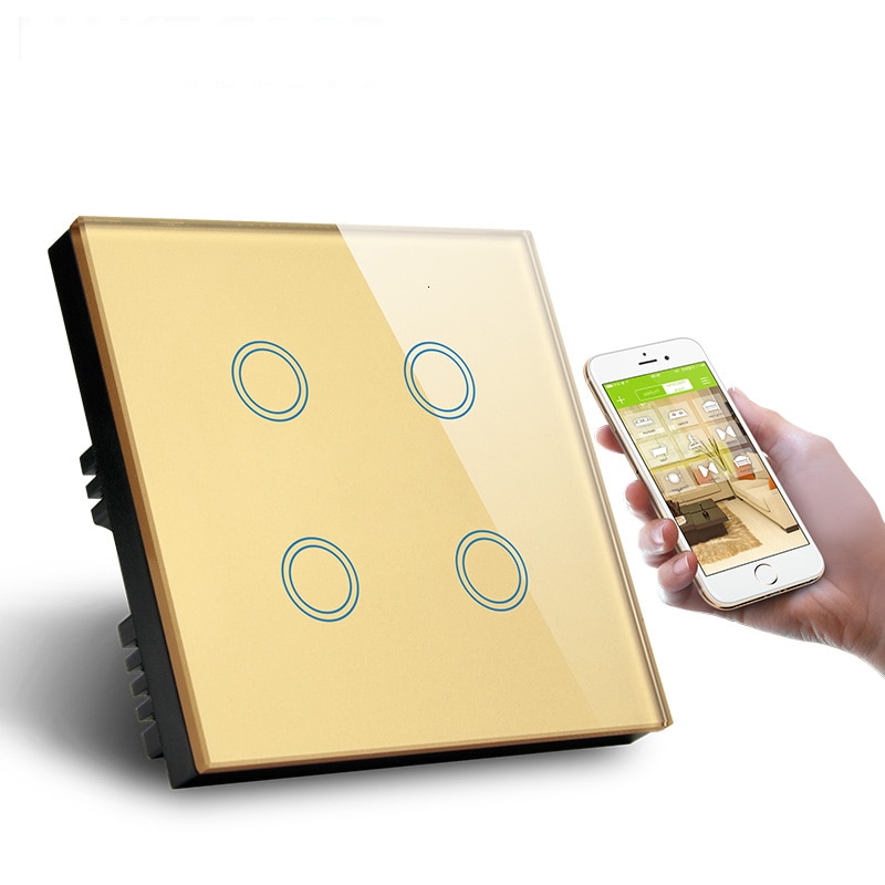 EU Standard wifi smart switch Touch screen 4 Gang Alexa Voice Control Wall Wifi tuya Switch 1000W White Crystal Glass Panel 220V