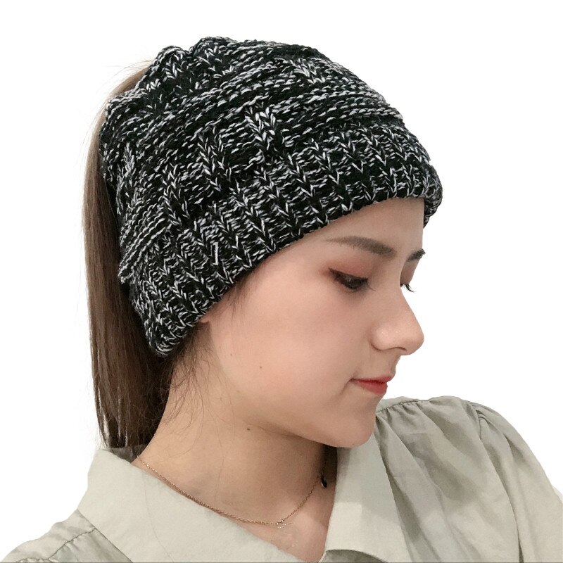 Gorro tejido a cuadros con cola de caballo para mujer, gorrito grueso de ganchillo con orificio para cola de caballo, de Color sólido moño desordenado, gorro de calavera para esquí y nieve
