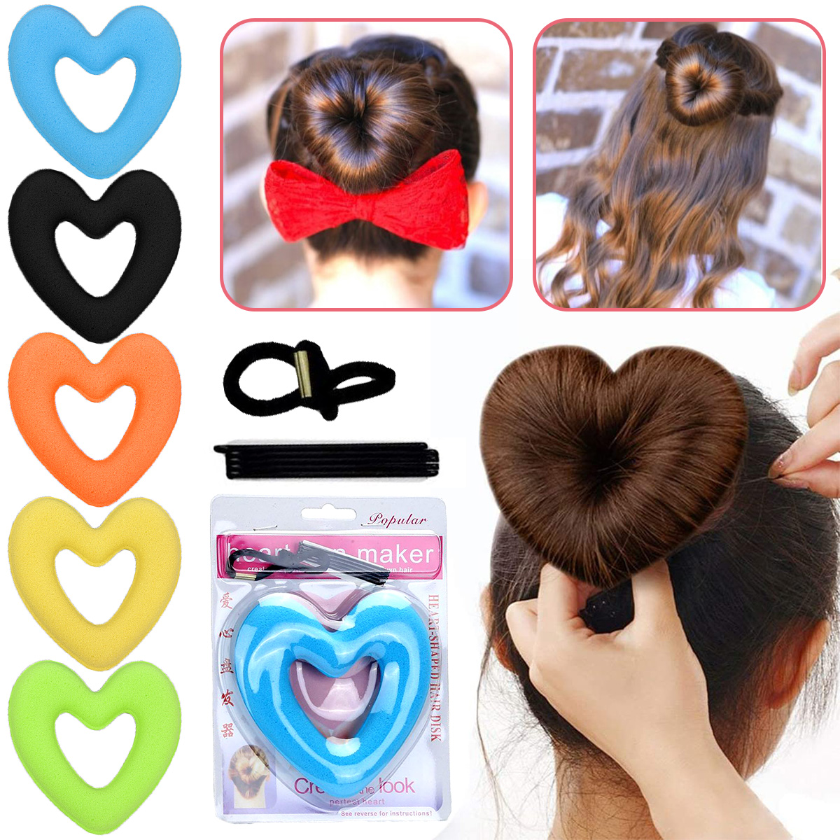 Diadèmes en forme de coeur outil de coiffure, tête bractée éponge magique, bricolage boule de viande cheveux mignon fabricant de chignon femmes filles Donut accessoires de cheveux