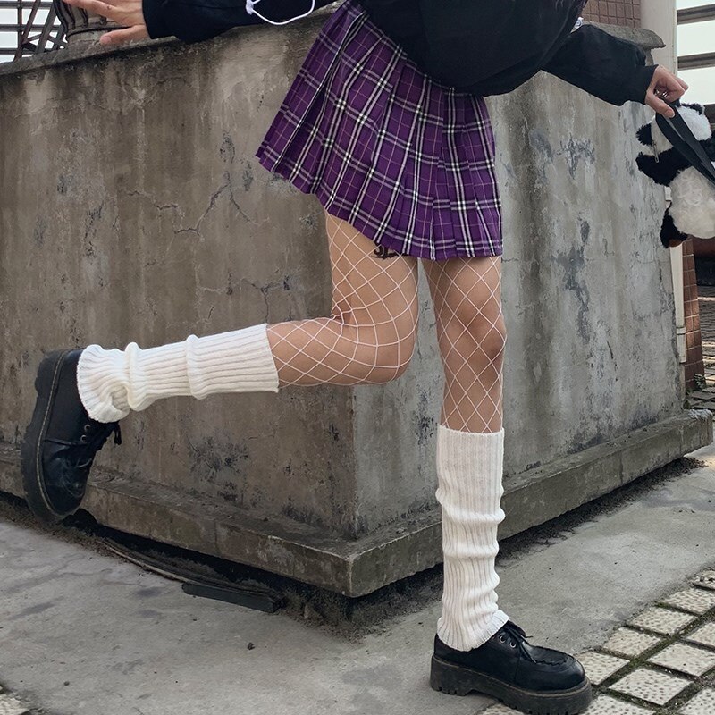 Calcetines largos hasta la rodilla para mujer, medias cálidas de punto, estilo Punk, Lolita, Cosplay, gótico, Kawaii, Hip-hop, Rock, para invierno: White