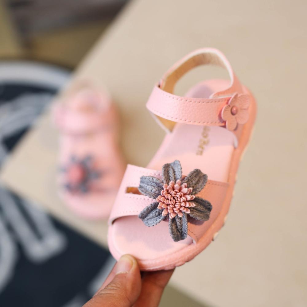 Smuk blomst baby pige sommer sandaler børn bløde flade prinsesse børne strandsko til lille pige 1 2 3 4 5 6 år gammel: Lyserød / 7