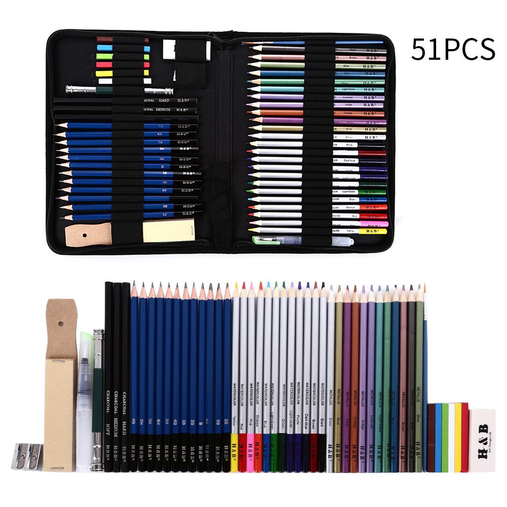 Lápis de esboço 51 peças de papelaria portátil pintura conjunto de ferramentas conjunto de lápis esboço graffiti arte suprimentos desenho artesanato estudante artista