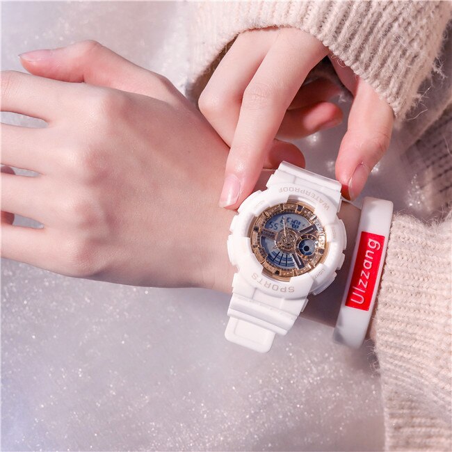 Montre numérique de l'amant de la étanche Sport montre-bracelet double temps or haut choc hommes femmes montre-bracelet Led horloge en caoutchouc