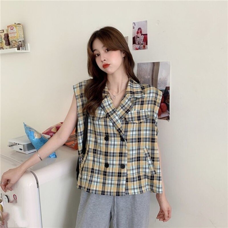 Vesten dames geruite losse inkepingen dubbelrijs chic studenten zomerjassen mouwloos all-match streetwear dames