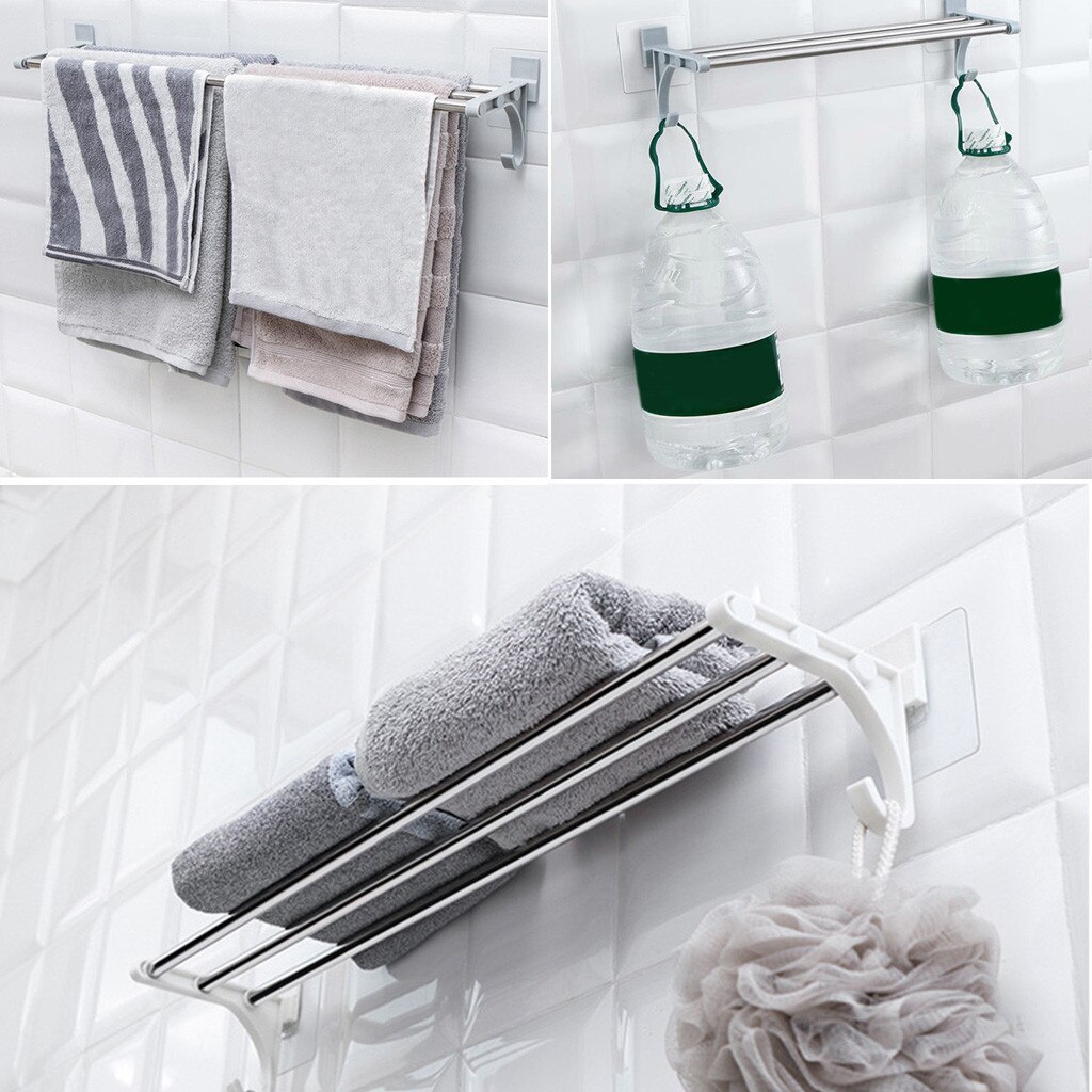 Bathroom Towel Racks Double Towel Rack Wall Mounted Space Aluminum Towel Shelf With Hooks Bath Rails Bars 40/50/60cm