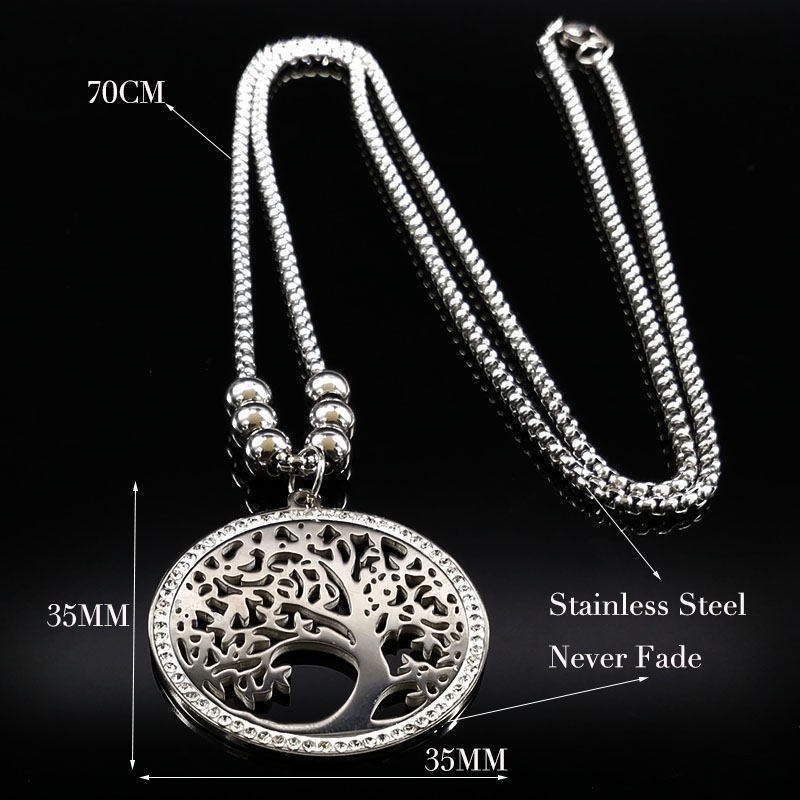 Lange halsketten mit lebensbaum-anhängern aus edelstahl und kristallschmuck in silberfarbe, damenschmuck ,  n18er 02
