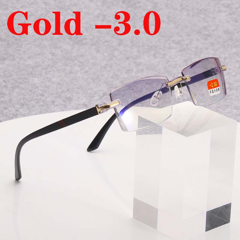 -1 -1.5 -2 -2.5 -3 -3.5 -4 Finished Myopia Glasses Anti Blue Light Rimless Eyeglasses Gold&Gray Frame Short Sighted Eyewear: Gold -3.0