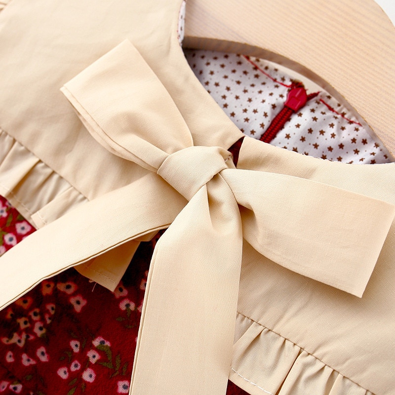 Höst bebis flickor puffärm klänning slagkrage rosett söt vintage kläder prinsessa blommiga vestidos outfits för fest