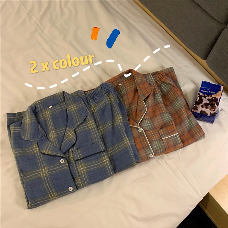 Classical Plaid Cotton Unisex Pajamas Women Men Autumn Winter Korean Couple Style Comfortable Long-sleeved Lapel Pijama Mujer