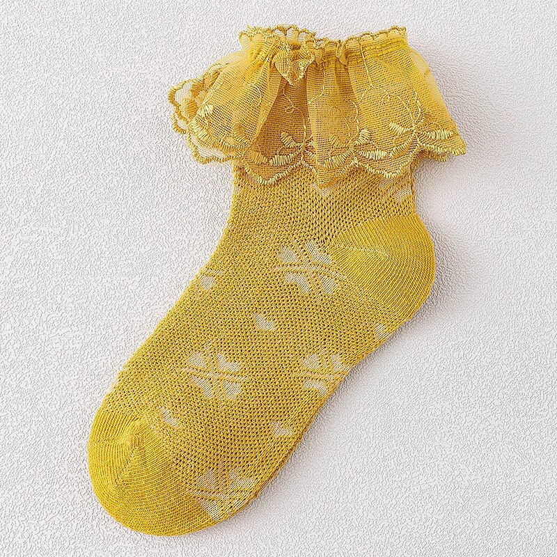 4pairs/lot Summer Children Lace Socks Thin Cotton Girls Dance Short Sock Princess Solid Color Embroidered Socks 4 Colors: 4 PAIRS IN YELLOW / M (1-3Y)