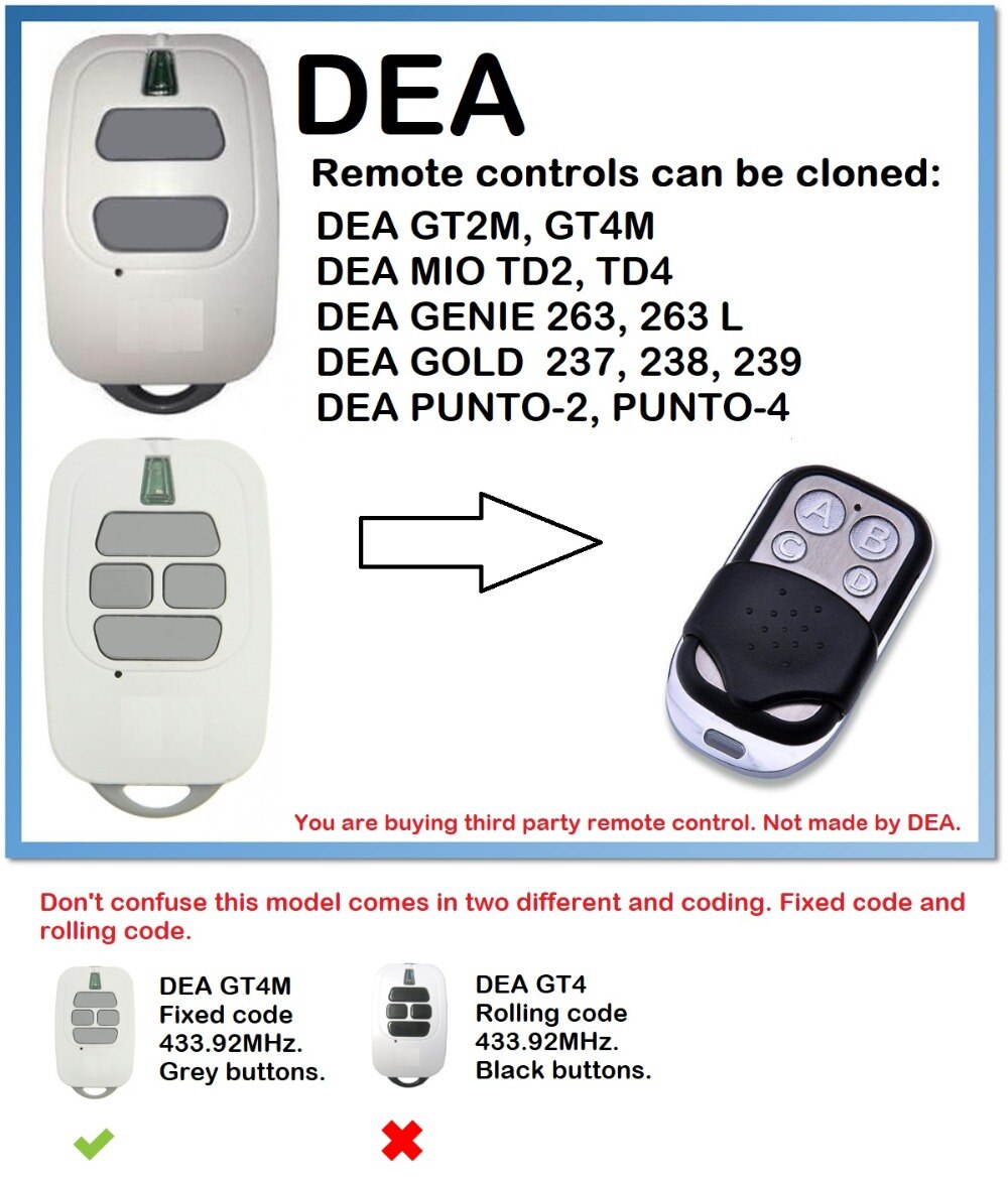DEA GT2M | Duplicateur de télécommande universel GT4M à 4 canaux 433.92MHz (uniquement pour code fixe 433.92mhz)