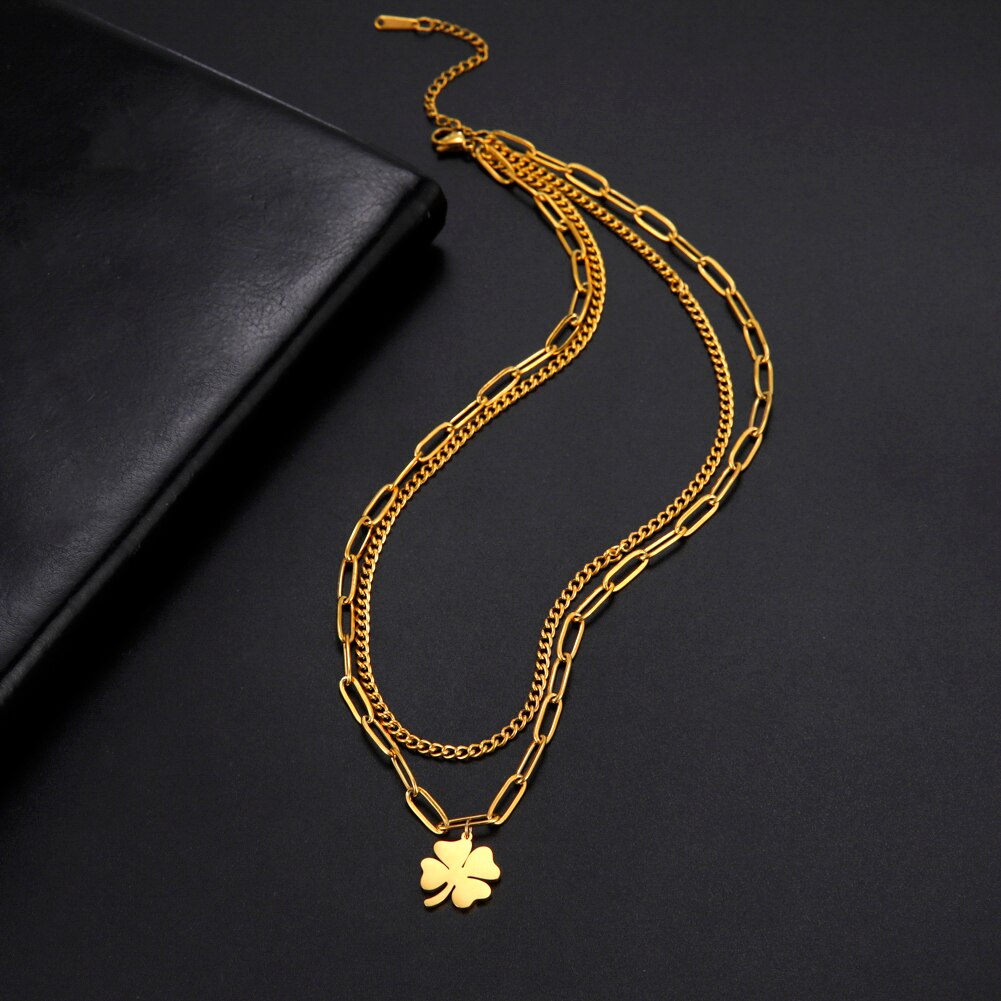 Skyrim-kleeblatt-anhänger-halskette für damen, edelstahl-büroklammer-doppelketten-halskette, schmuck zum muttertag