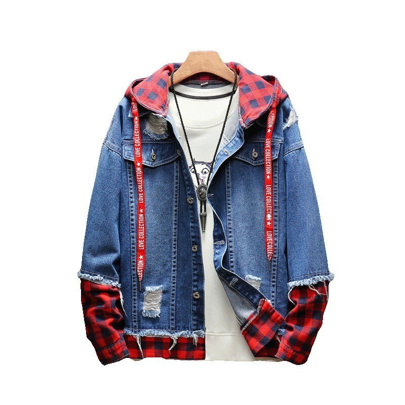 Mens Plaid Patchwork Hoody Denim Jasje Gat Geript Casual Cowboy Streetwear Jean Jas Hip Hop Loose Fit Mannelijke Jas 3XL