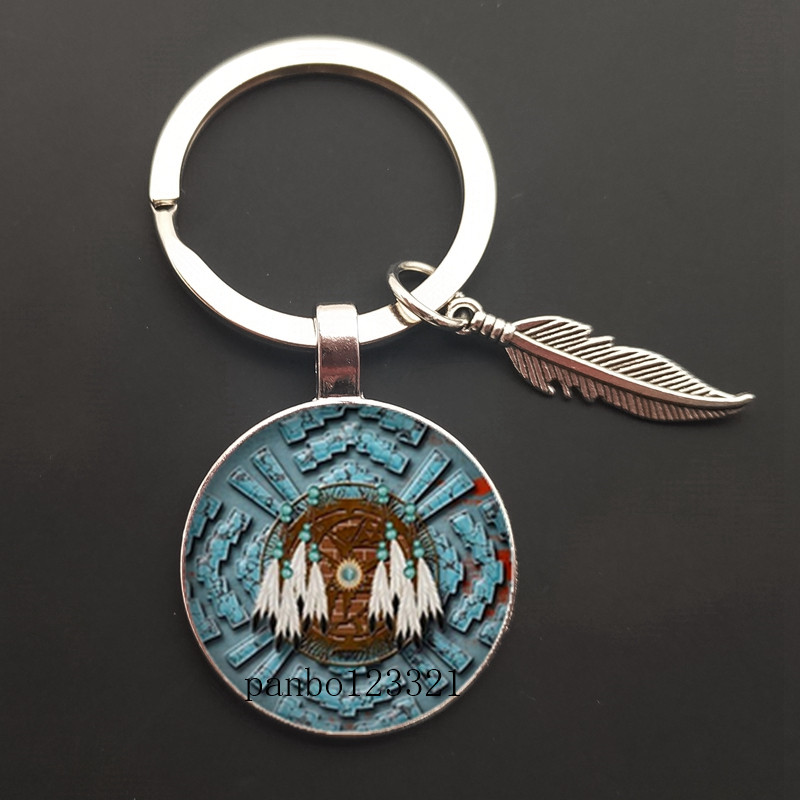 Dream Catcher Tone Key Chain Dream Catcher Feather Round Glass Convex Photo Keychain: black pearl