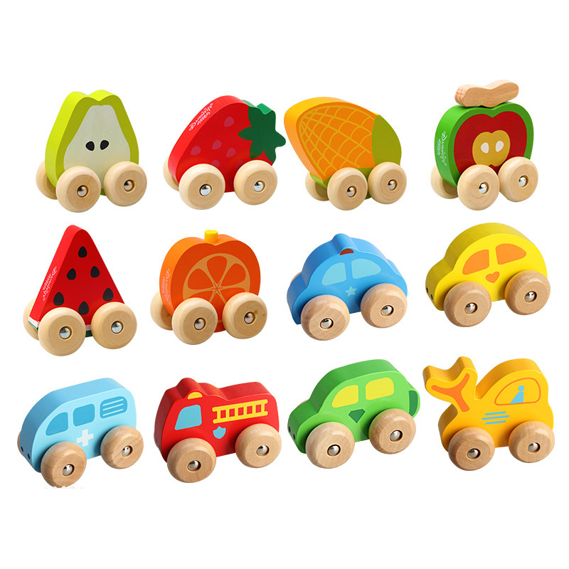 Kinder Holz Tier Zug Modell Schiebe Push-pull Auto Obst Warenkorb Visuell Für Kleinkind Inspirierende Kid Nette pluzzles