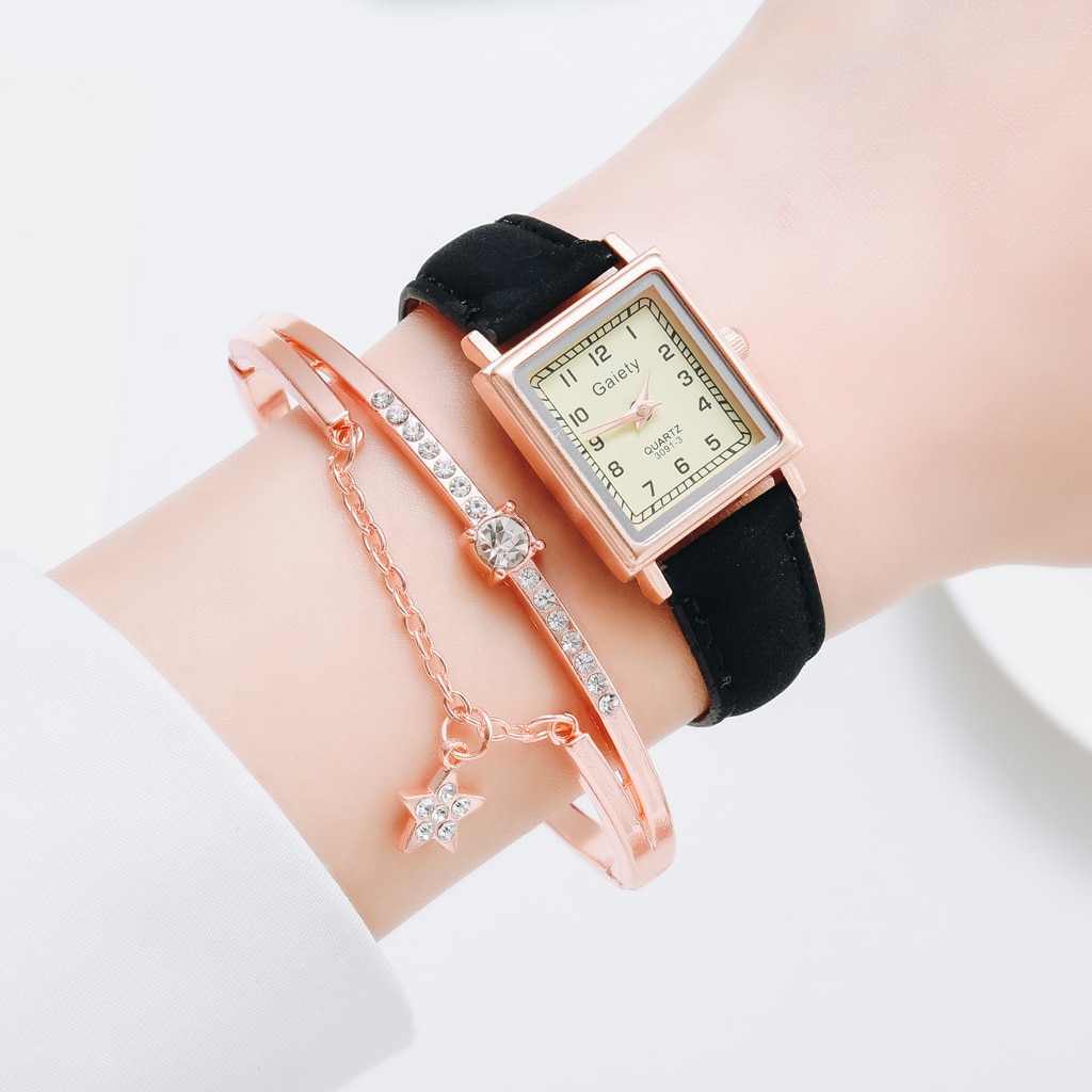 2PCS /Set Women Leather Belt Dress Quartz Clock Square Dial Sport Casual Bracelet Ladies Wrist Watch Relogio Reloj Mujer
