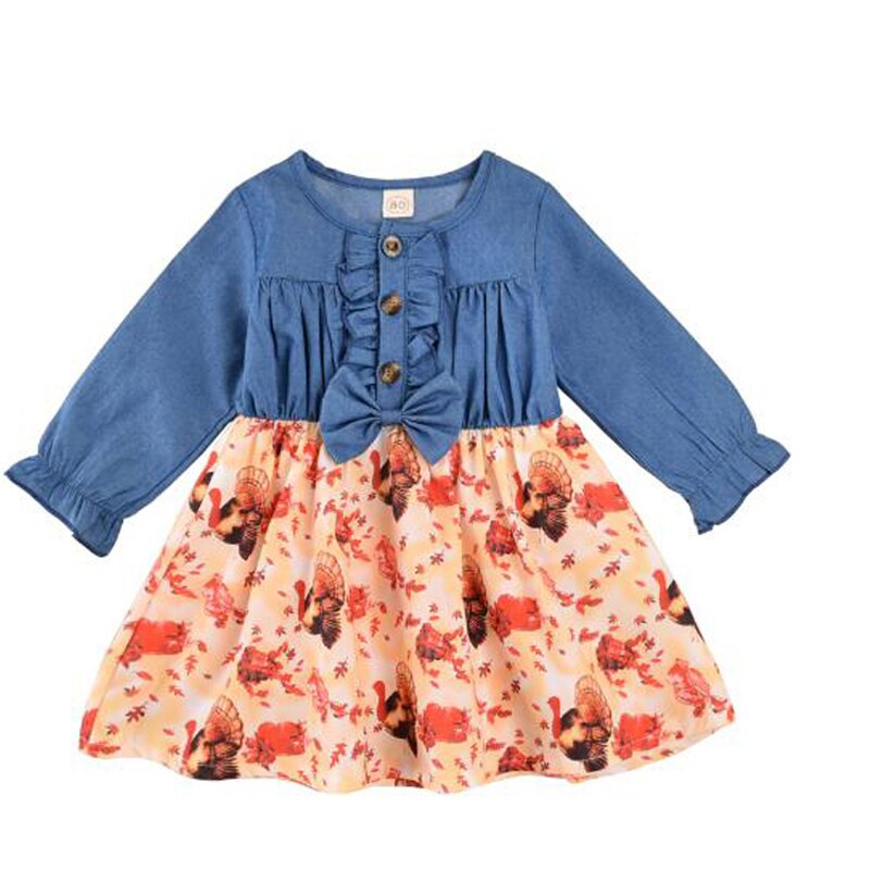 Pudcoco thanksgiving babyjurk met kalkoenprint, ruches, strikversiering, lange mouwen met bloemblaadjes en ronde hals.: B / 4t