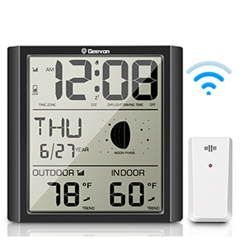 Geevon Alarm Clock Weather Station Indoor Table Watch With Temperature And Humidity Gauge Digital Moon Phase Snooze Desk Clocks: Default Title