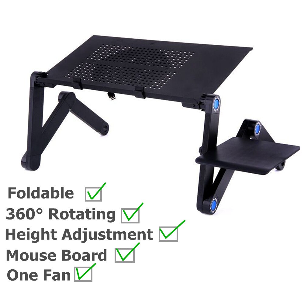 Justerbar bærbar stativholder 360 ° roterende støtte notebook ergonomisk bærbar bærbar stander til seng skrivebord gulv lapdesk: Sort med stor vifte