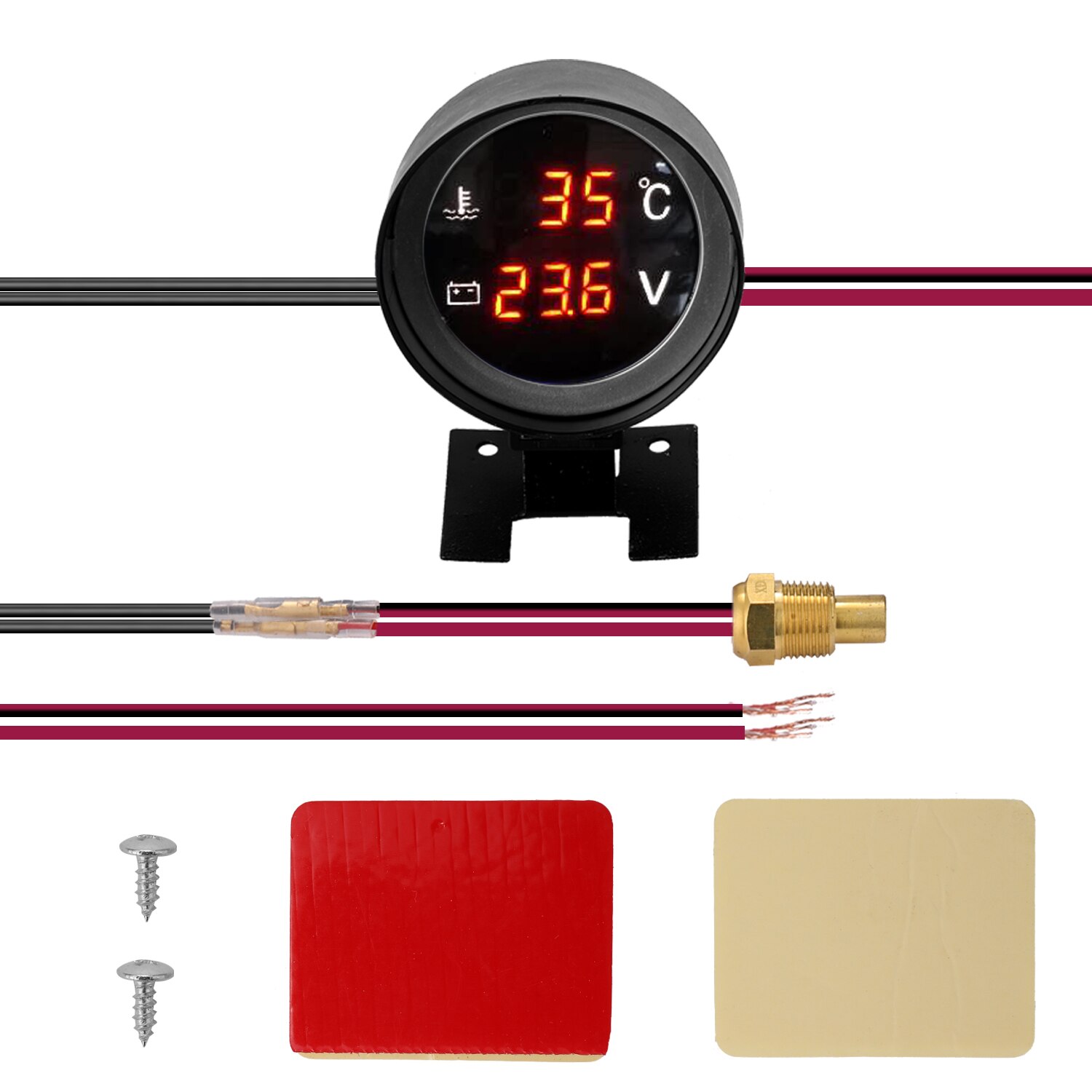 Indicador de Temperatura de agua Digital Led redondo para coche y camión, Sensor de Temperatura, Temperatura para Moto + voltímetro, medidor de voltaje de voltios 2 en 1, 12,0 V, 24V: Rojo