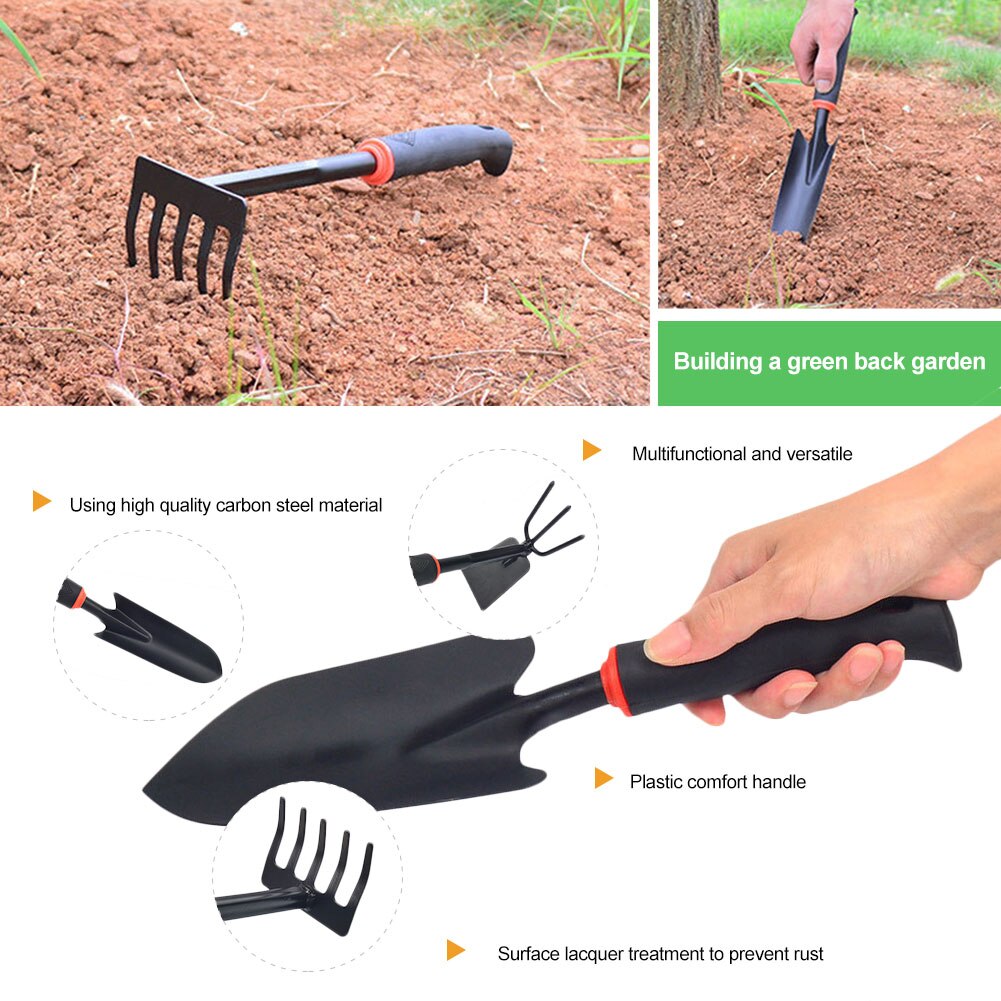 Gardening 5 Tooth Rake Two Use Hoe Shovel Black Rubber Handle Set Garden Flower Shovel Tool High Carbon Steel Ergonomic