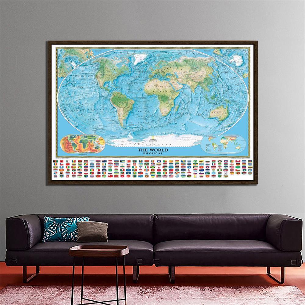 De Wereld Fysieke Kaart Met Nationale Vlaggen Niet-geweven Waterdichte Kaart Met Wereld Klimaat En Tektoniek