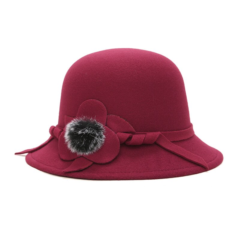 Vrouwen Meisjes Vintage Wolvilt Koepel Fedora Hoeden Dames Mode Effen Kleur Strik Bloem Emmer Hoed Voor Vrouw Winter Cap: Burgundy