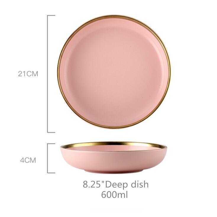Gilt Rim Pink Porcelain Dinner Plate Set Kitchen Plate Ceramic Tableware Food Dishes Rice Salad Noodles Bowl Mug Cutlery Set 1pc: 8.25 inch deep dish