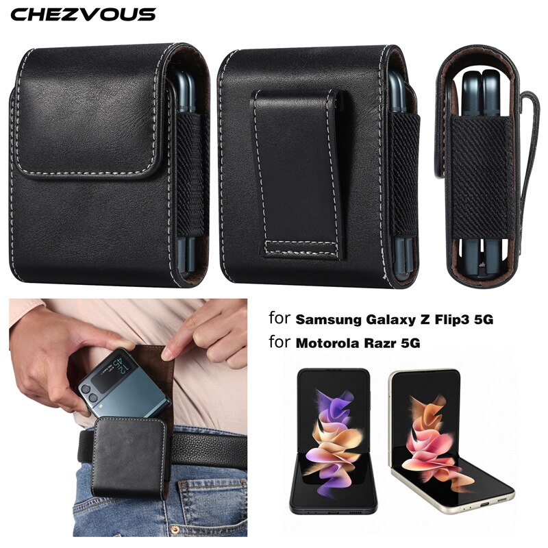 Leather Phone Pouch For Samsung Z Flip 3 2 1 SM-F7110 F7070 Belt Clip Holster Cloth Phone Case For Motorola Razr 5g Waist Bag