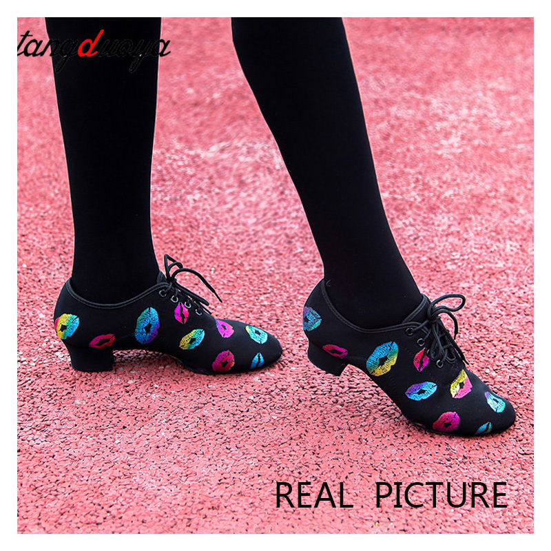 High Heel Dance Shoes Sneakers For Women Ballroom Latin Dance Shoes Kids Adult Close Toe 3/5cm Heel Training Shoes Lip Print