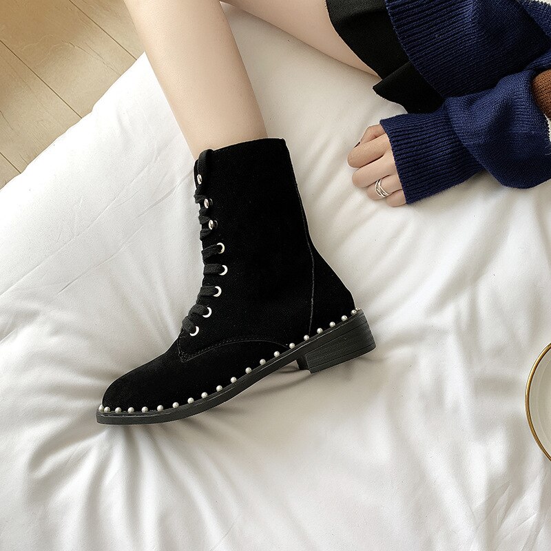 Femmes automne bottes tête ronde Martin bottes concepteur épais fond bloc épais avec des bottes pour femmes dames perle dentelle bottes