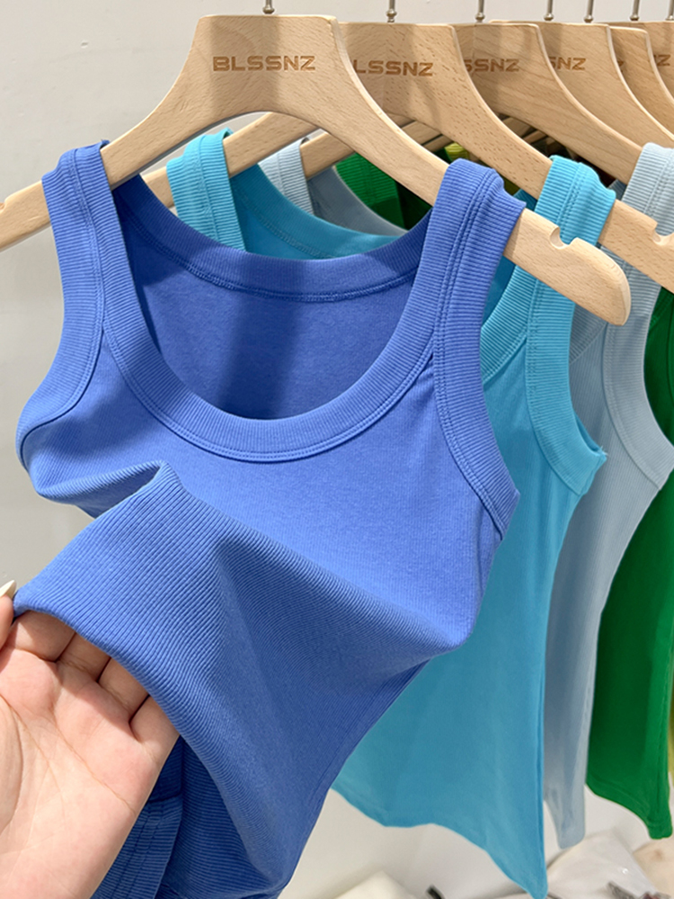 zjaiss Women Solid Round Neck Ribbed Tank Top Camisole Women Summer Basic Elastic Tank Top O Neck Solid Tank Top: L / Blue