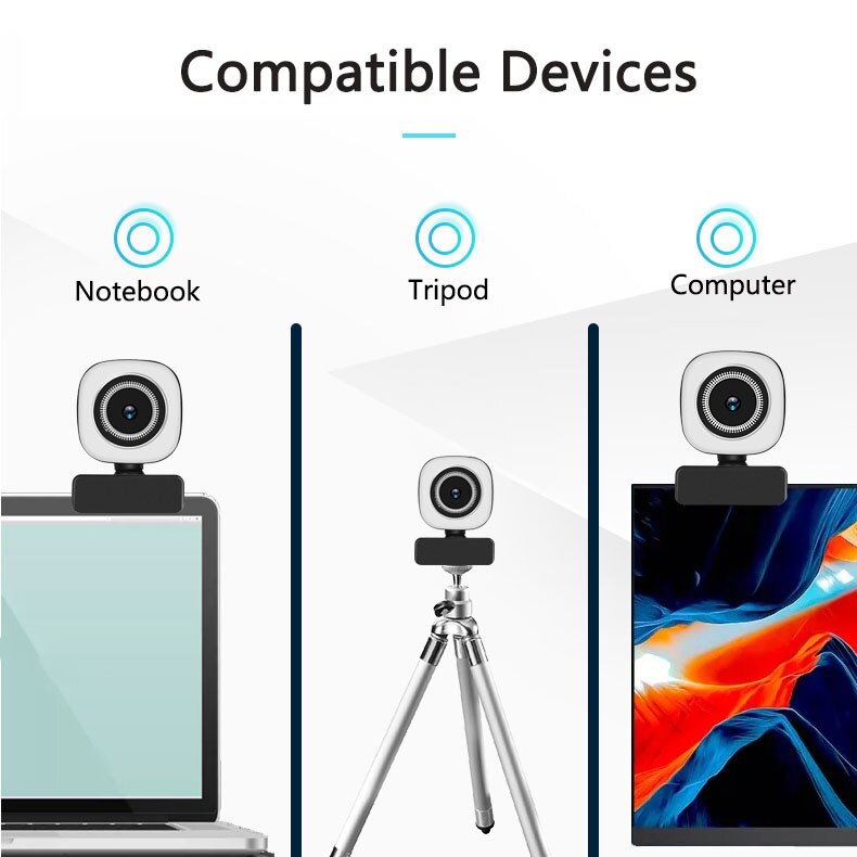 Webcam 1080P 2K HD Web Cam Auto Focus USB Computer Web Cameras PC Camera Web Cam With Ring Fill Light For For Broadcast Live