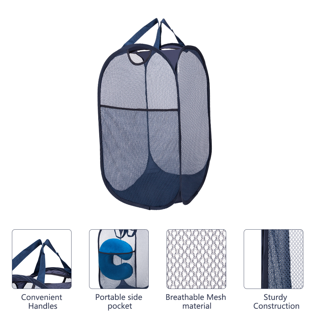 Folding Laundry Basket Pop Up Open Blue Mesh Sorting Basket Home Storage Hamper Organize Bags For Clothes Camping Landry Room