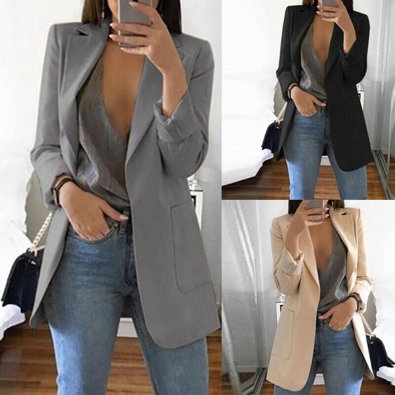 Solid Style Lady Young Women Slim Casual Business Blazer Suit Jacket Coat Outwear Khaki Gary Black