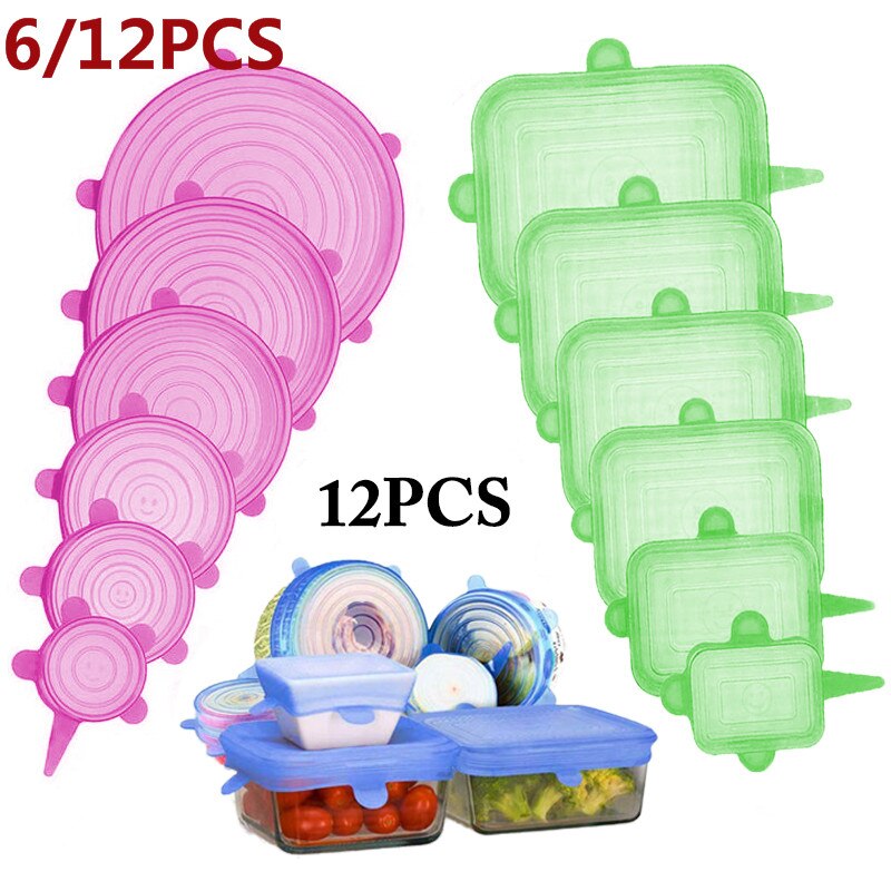 12Pcs/Set Food Silicone Cover Universal Silicone Lids For Cookware Bowl Pot Lid Reusable Stretch Lids Wrap Kitchen Accessories