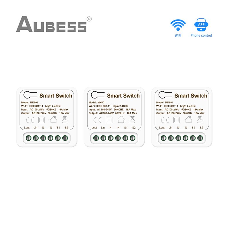 Tuya WiFi MINI Smart Switch 2 Way Control 16A Switch Smart Home Works With Smart Life App Voice Control Alexa Google Home Alice: 3Pcs