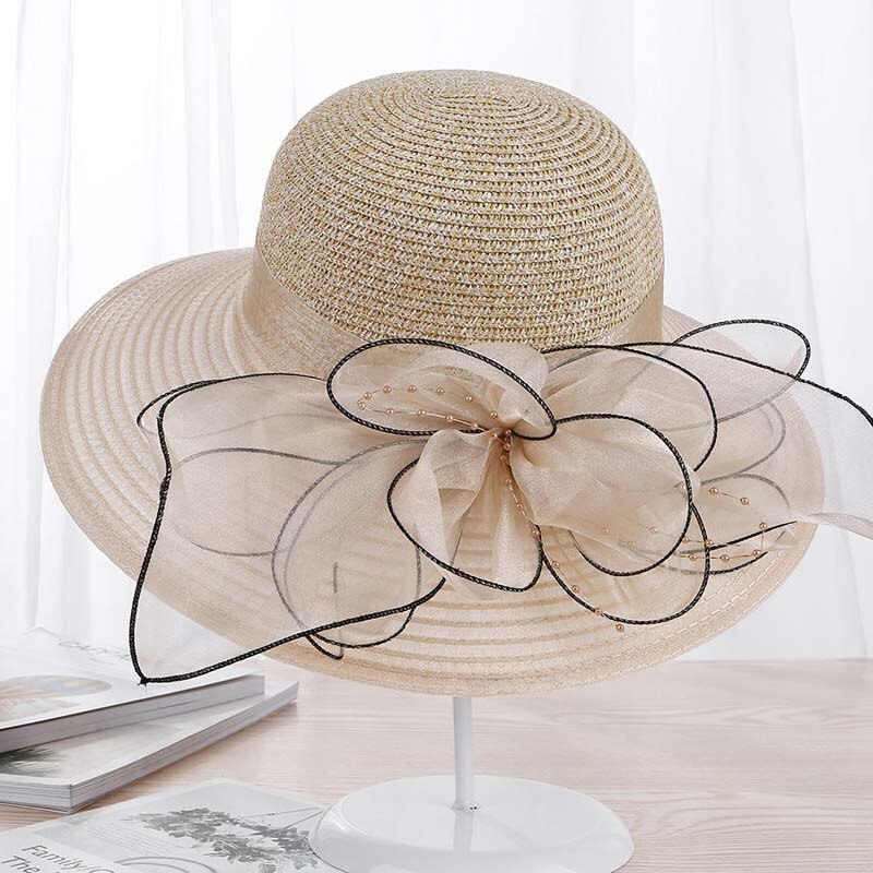 Ymsaidhigh Guality Elegante Vrouwen Kerk Hoeden Voor Zomer Mode Grote Bloem Zonnehoed Brede Rand Strand Casual Strand Chapeu Feminino: Beige