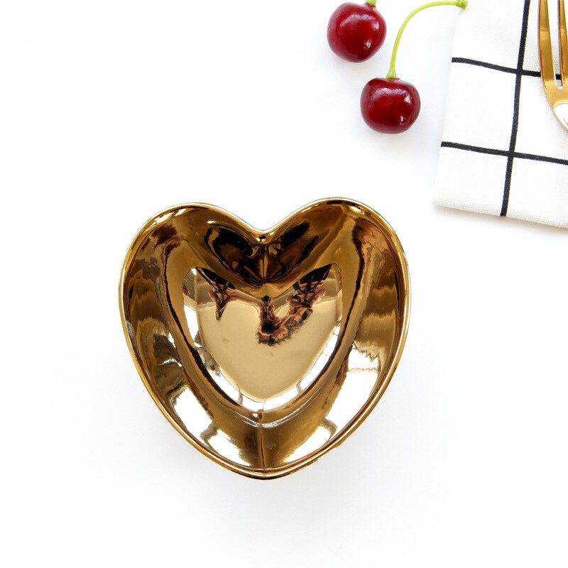 Heart Shape Ceramic Plate Bowl Irregular Electroplating Gold Porcelain Dinnerware Romatic Breakfast Snack Dishes Plate
