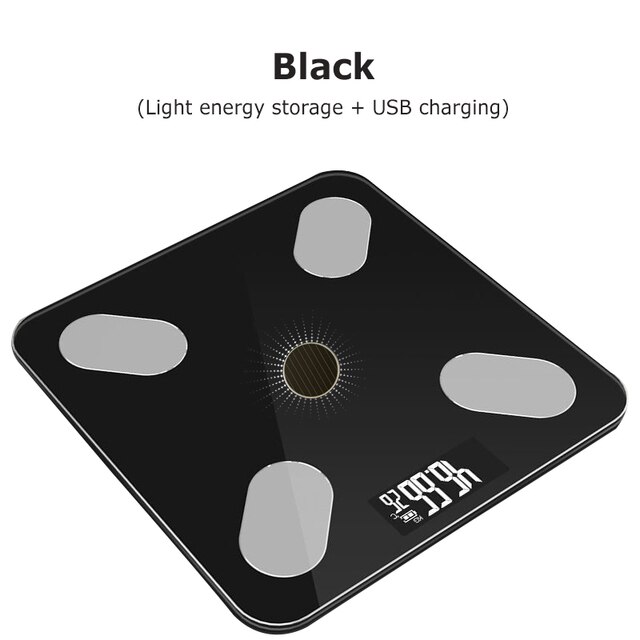 Nouvelle échelle de poids électronique Bluetooth Smart APP analyseur de mesure de graisse de santé humaine balance professionnelle de bio-impédance charge USB solaire: Black